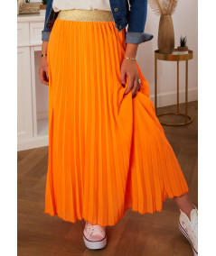 long orange pleated skirt