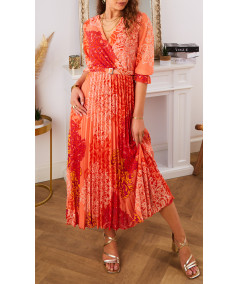 robe longue orange plissée ceinture motif arabesque