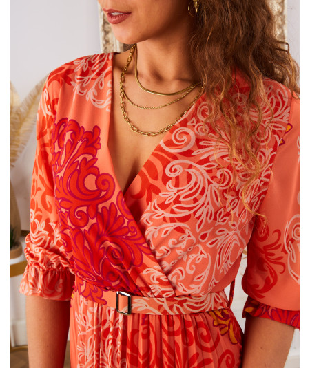 robe longue orange plissée ceinture motif arabesque